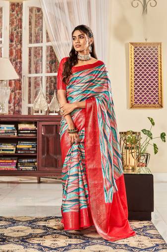 Multicolor Designer Digital Printed Pure Satin Saree With Blouse
