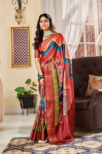 Multicolor Designer Digital Printed Pure Satin Saree With Blouse