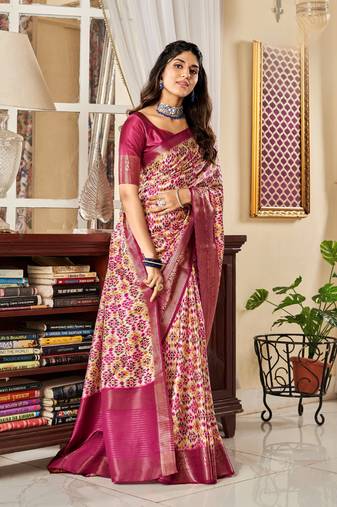 Rani Pink Designer Digital Printed Pure Satin Saree With Blouse