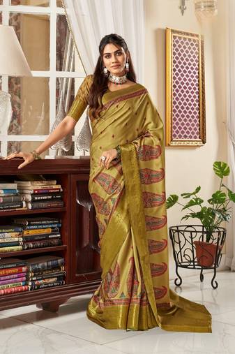 Green Designer Digital Printed Pure Satin Saree With Blouse