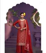 Red hand work soft silk tulip pant suits with organza dupatta
