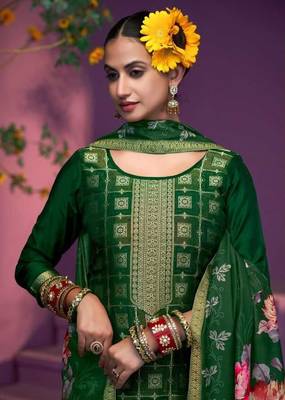 Dark green hand work soft silk tulip pant suits with organza dupatta 2