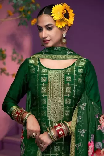 Dark green hand work soft silk tulip pant suits with organza dupatta