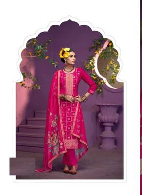 Rani pink hand work soft silk tulip pant suits with organza dupatta 1