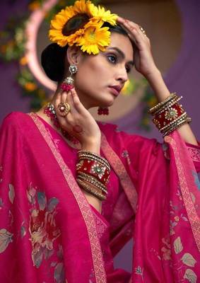 Rani pink hand work soft silk tulip pant suits with organza dupatta 2
