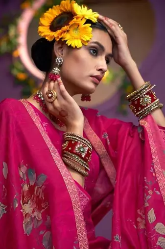 Rani pink hand work soft silk tulip pant suits with organza dupatta