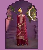Maroon hand work soft silk tulip pant suits with organza dupatta