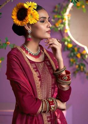 Maroon hand work soft silk tulip pant suits with organza dupatta 2