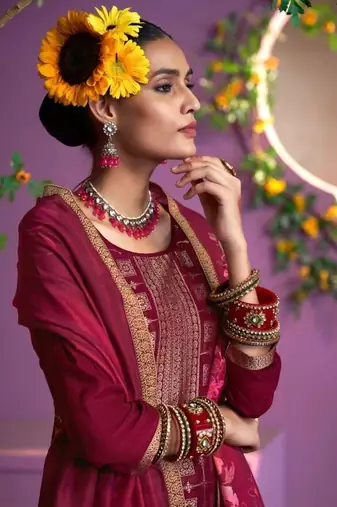Maroon hand work soft silk tulip pant suits with organza dupatta