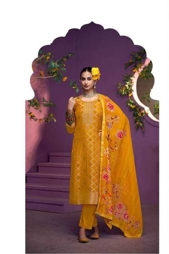Yellow hand work soft silk tulip pant suits with organza dupatta