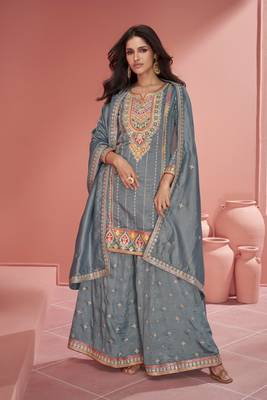 Grey embroidered organza silk free size stitched straight palazzo suit. (size upto 42) 1