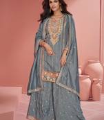 Grey embroidered organza silk free size stitched straight palazzo suit. (size upto 42)