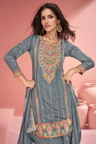 Grey embroidered organza silk free size stitched straight palazzo suit. (size upto 42)