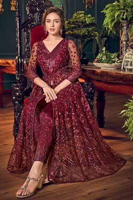 Maroon embroidered net semi stitched anarkali pant suit. 2