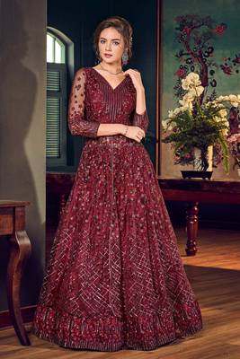 Maroon embroidered net semi stitched anarkali pant suit. 3