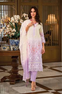 Purple embroidered organza free size stitched straight pant suit.(Size Up to 42") 1