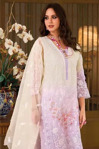 Purple embroidered organza free size stitched straight pant suit.(Size Up to 42")