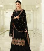 Black embroidered satin georgette semi stitched straight palazzo suit.