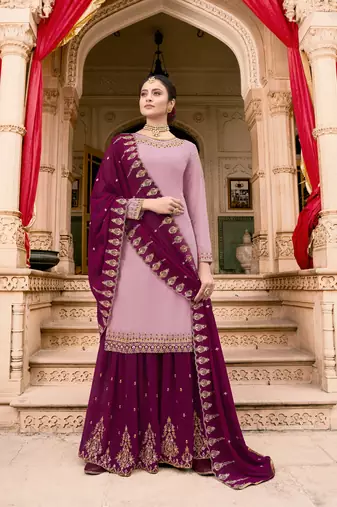 Lavender embroidered georgette semi stitched straight palazzo suit.