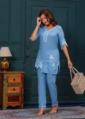 Cloudy blue embroidered rayon kurta and pant set 1