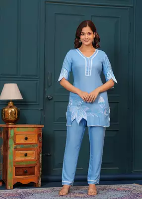 Cloudy blue embroidered rayon kurta and pant set 3