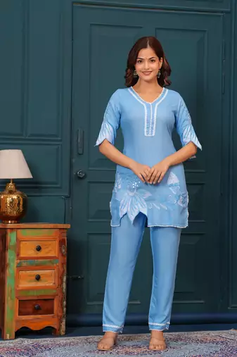 Cloudy blue embroidered rayon kurta and pant set