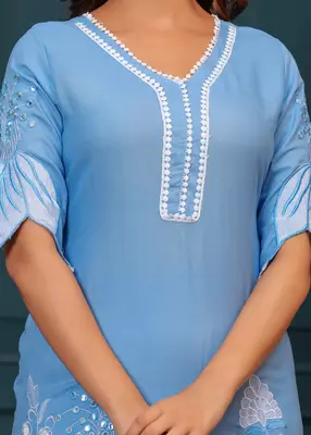 Cloudy blue embroidered rayon kurta and pant set 4