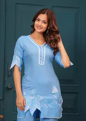 Cloudy blue embroidered rayon kurta and pant set 5