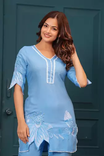 Cloudy blue embroidered rayon kurta and pant set