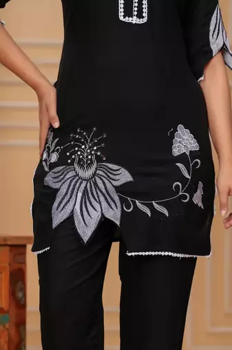 Black embroidered rayon kurta and pant set
