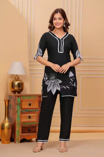 Black embroidered rayon kurta and pant set