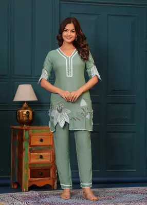 Cloudy green embroidered rayon kurta and pant set 1