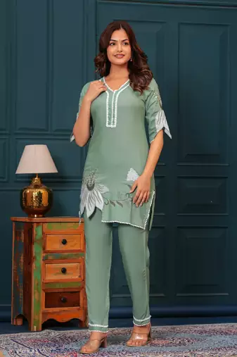 Cloudy green embroidered rayon kurta and pant set
