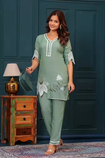 Cloudy green embroidered rayon kurta and pant set