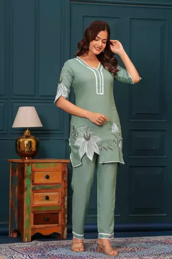 Cloudy green embroidered rayon kurta and pant set