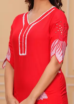 Red embroidered rayon kurta and pant set 2