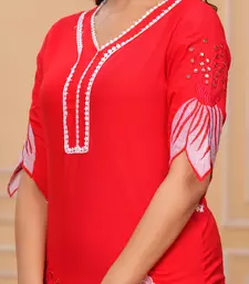 Red embroidered rayon kurta and pant set