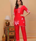 Red embroidered rayon kurta and pant set