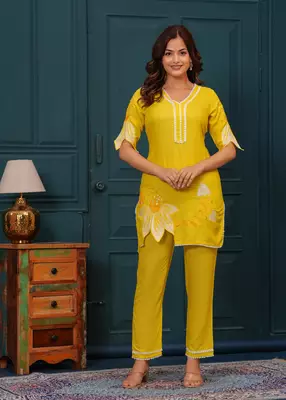 Yellow embroidered rayon kurta and pant set 1
