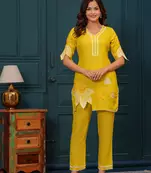 Yellow embroidered rayon kurta and pant set
