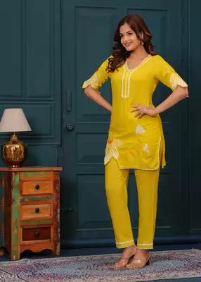 Yellow embroidered rayon kurta and pant set 2