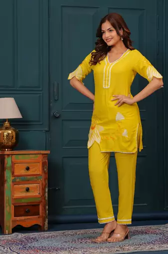 Yellow embroidered rayon kurta and pant set