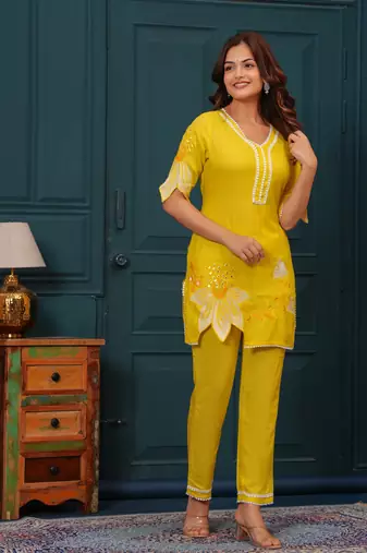Yellow embroidered rayon kurta and pant set