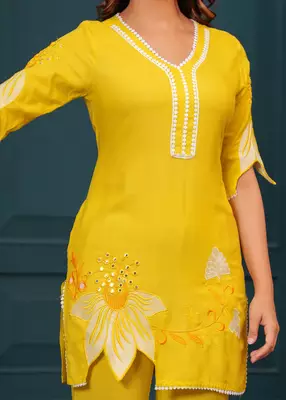 Yellow embroidered rayon kurta and pant set 4