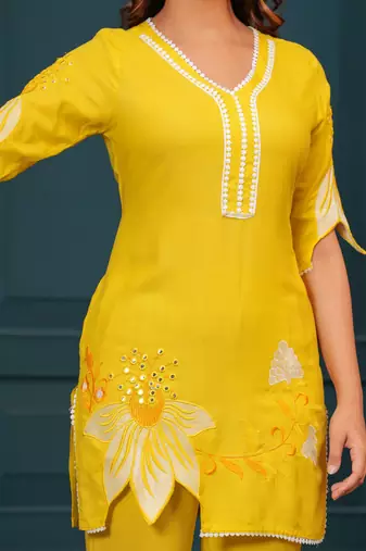Yellow embroidered rayon kurta and pant set