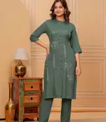 Dark green printed rayon kurta and pant set