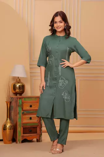 Dark green printed rayon kurta and pant set