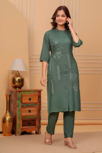 Dark green printed rayon kurta and pant set