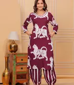 Maroon printed rayon kurta and pant set