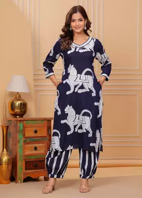 Navy blue printed rayon kurta and pant set 1